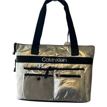 Calvin Klein Metallic Silver Tote Bag w/ Pockets & Black Details, NWT, $168