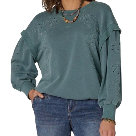 Democracy Women's Floral Embroidered Crewneck Sweater in Mineral Wash Dusty Blue