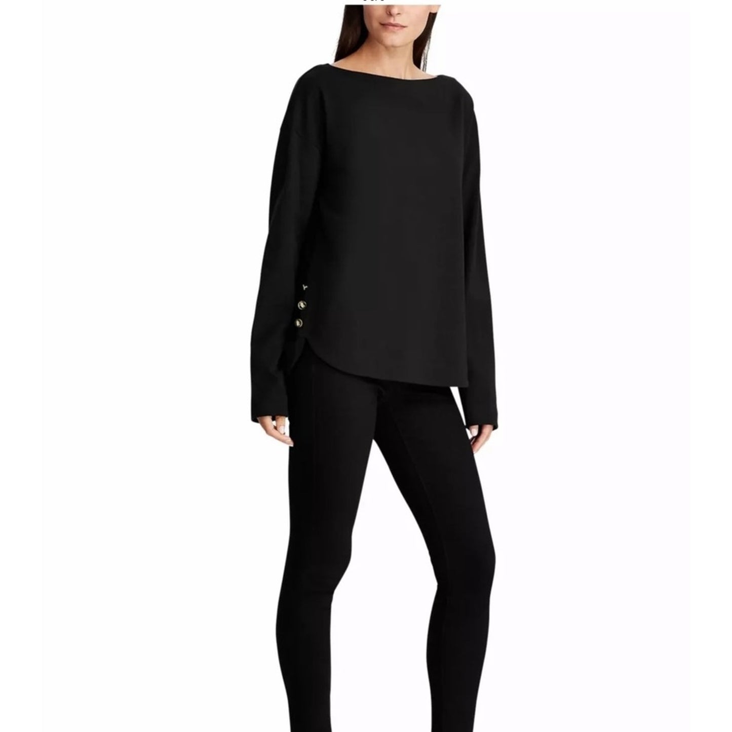 Ralph Lauren Black Long Sleeve "Atif" Boatneck Top w/ Gold Button Accents