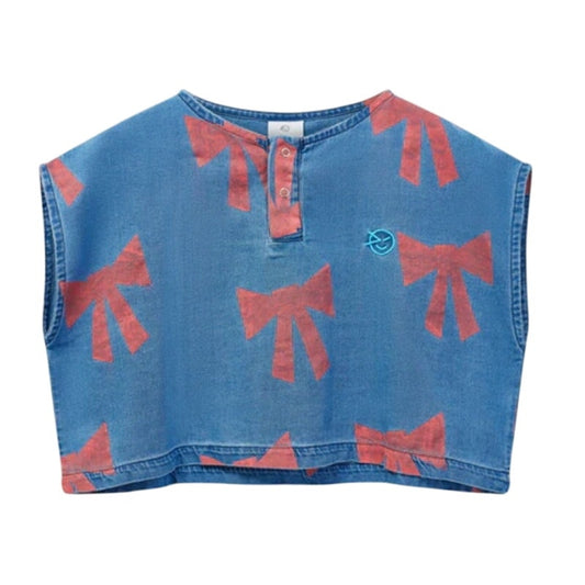 Wynken Girl's Blue & Red Sleeveless Twill Bow Print Shirt, Size 2Y