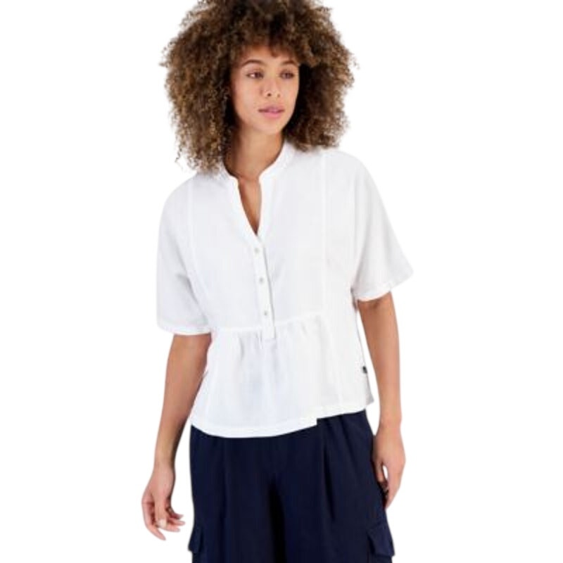 Nautica Jeans Women's Short-Sleeve Linen-Blend Peplum Top in Bright White
