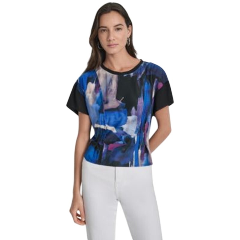 DKNY Women's Printed Chiffon-Sleeve Top in Blue Brush Stroke