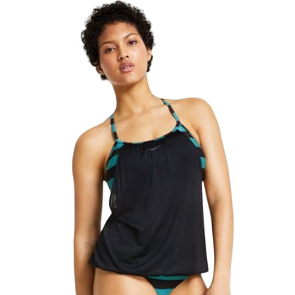 NIKE Women's Layered Statement Stripe Tankini Top Swimsuit in Green & Black