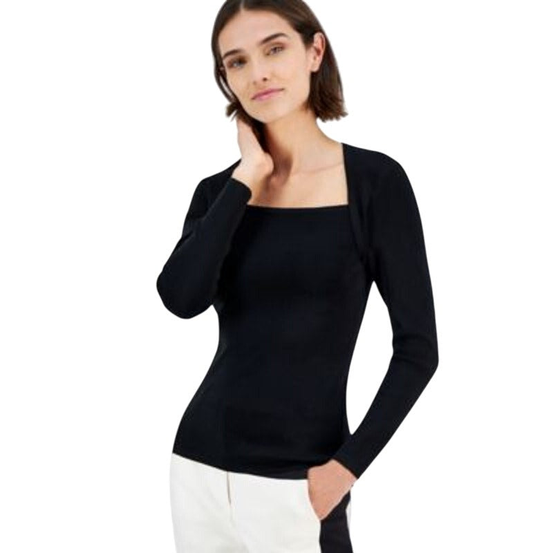 Anne Klein Women's Square Neck Long Sleeve Sweater in Black