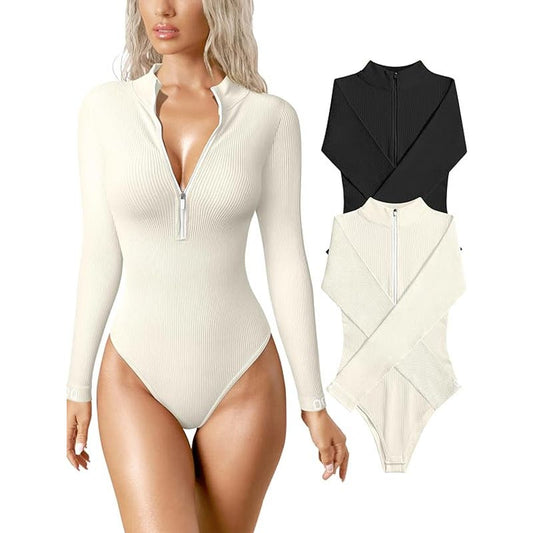 OQQ Ladies 2 Pk. Ivory & Black Quarter Zip Long Sleeve Mock Neck Bodysuit, Large