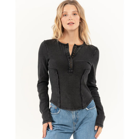 FREE PEOPLE Mareea Women's Henley Washed Black Tee