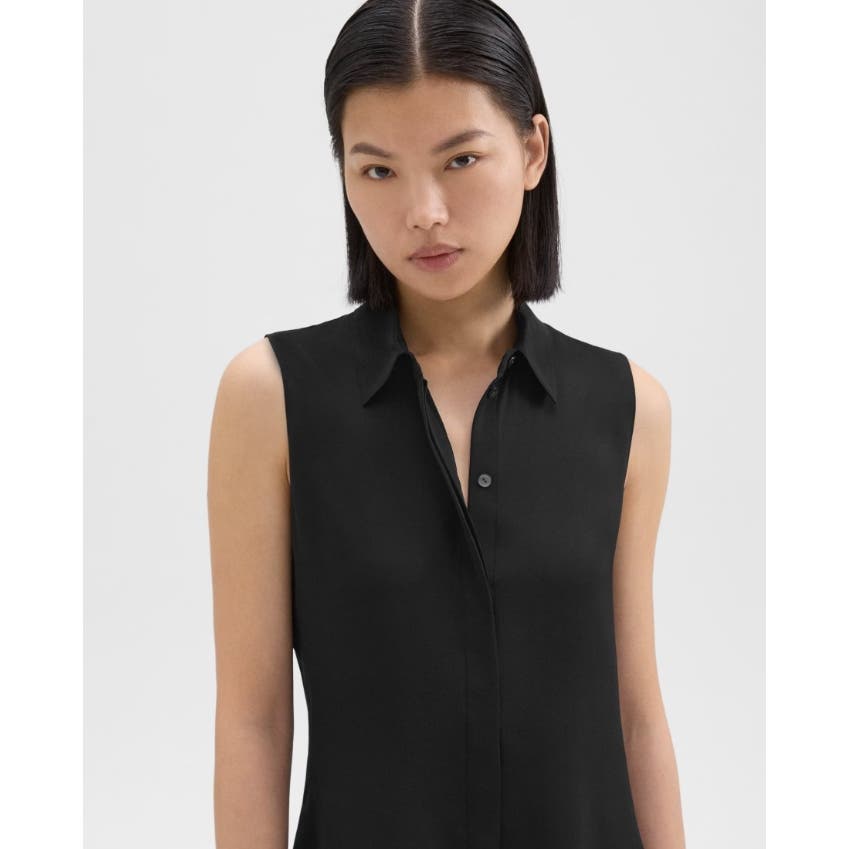 Theory Fitted Sleeveless Shirt in Silk Georgette Black, Size Large