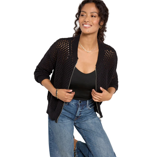 Sanctuary Women's "Stepping Out" Open Stitch Bomber Jacket Cardigan in Black, XS