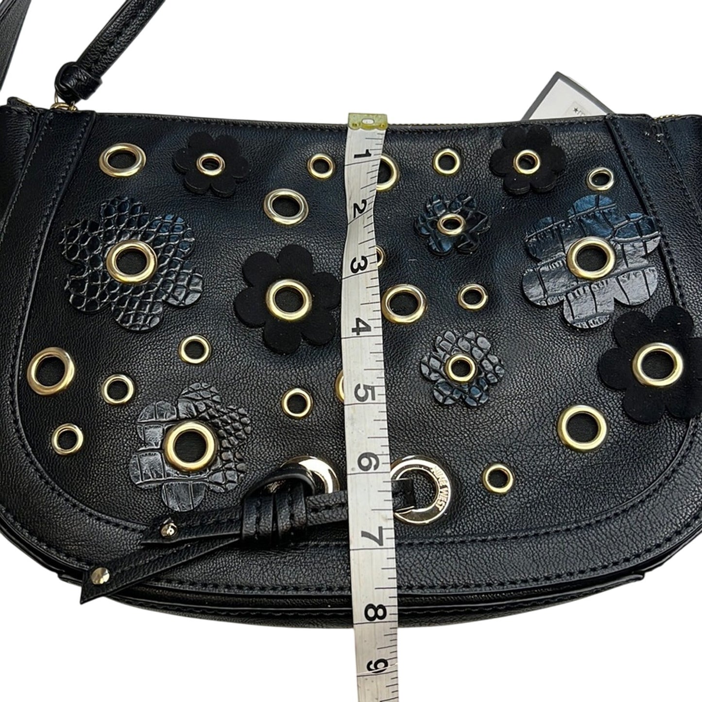 Nine West Black Leather Floral “Evelina” Saddle Bag, Gold Eyelet Details, NWT!