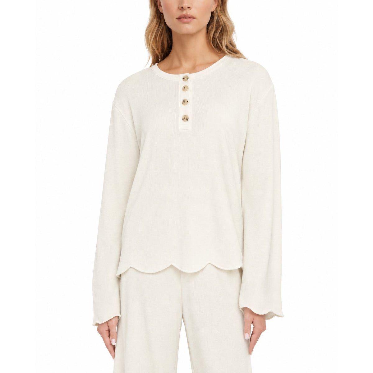Three Dots Women's Scalloped Bell-Sleeve Button Top in Sugar Swizzle White