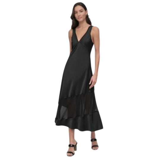 DKNY Women's Sleeveless Satin V-Neck Mesh Panel Midi Dress in Black