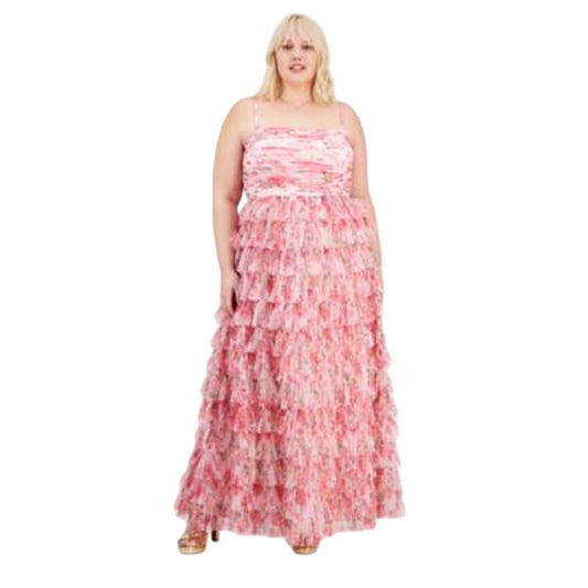 B. Darlin Trendy Plus Size Floral Print Mesh Dress in Pink Floral Print
