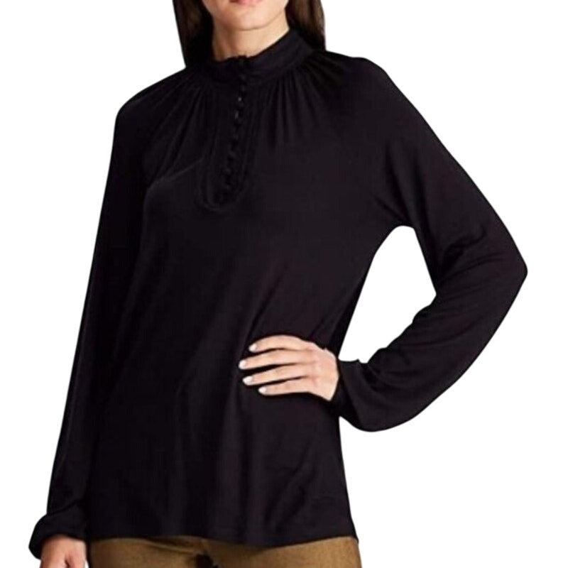 Ralph Lauren Black Blouse w/ Crochet Accents, Mock Neck, Size PL