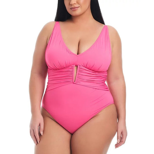 Bleu by Rod Beattie Plus Size Ruched One-Piece Swimsuit In Pink Bling
