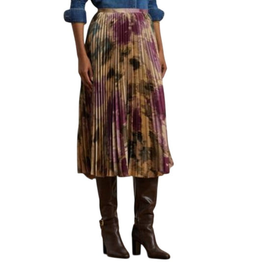 Ralph Lauren Women's Pleated Satin Midi Skirt in Purple Tan Print