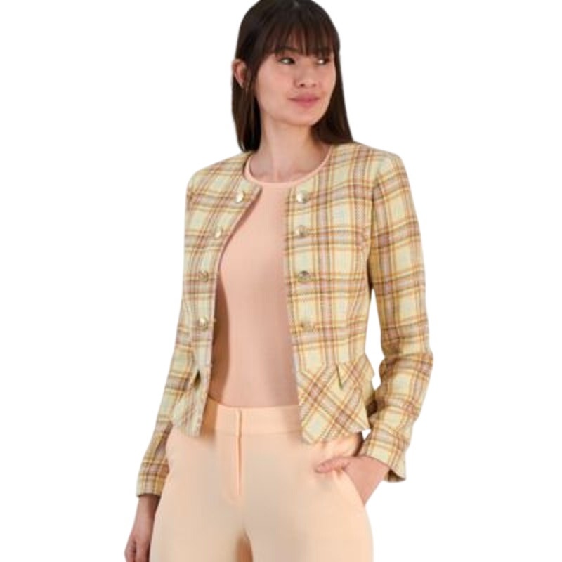 Tahari ASL Women's Boucle Plaid Peplum Crop Jacket in Butter Yellow Peach