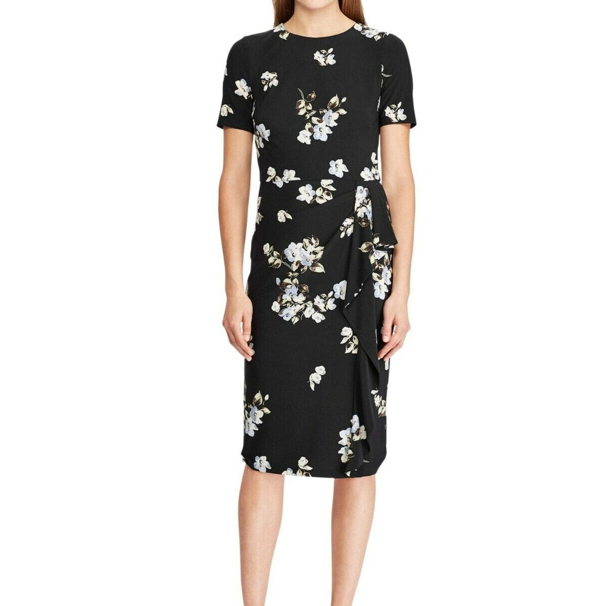 Ralph Lauren Black Faux Wrap Natasia Dress w/ Pastel-Colored Floral Pattern, 6P