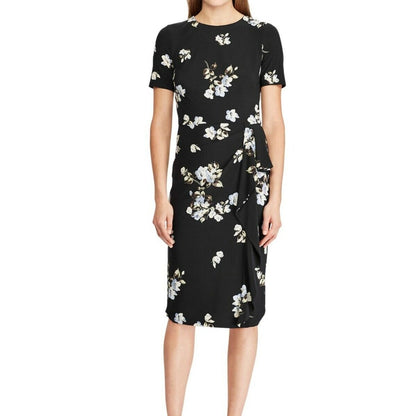 Ralph Lauren Black Faux Wrap Natasia Dress w/ Pastel-Colored Floral Pattern, 6P