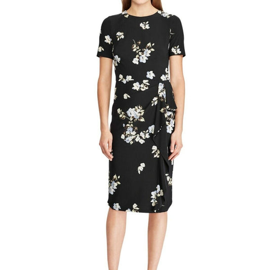 Ralph Lauren Black Faux Wrap Natasia Dress w/ Pastel-Colored Floral Pattern, 6P
