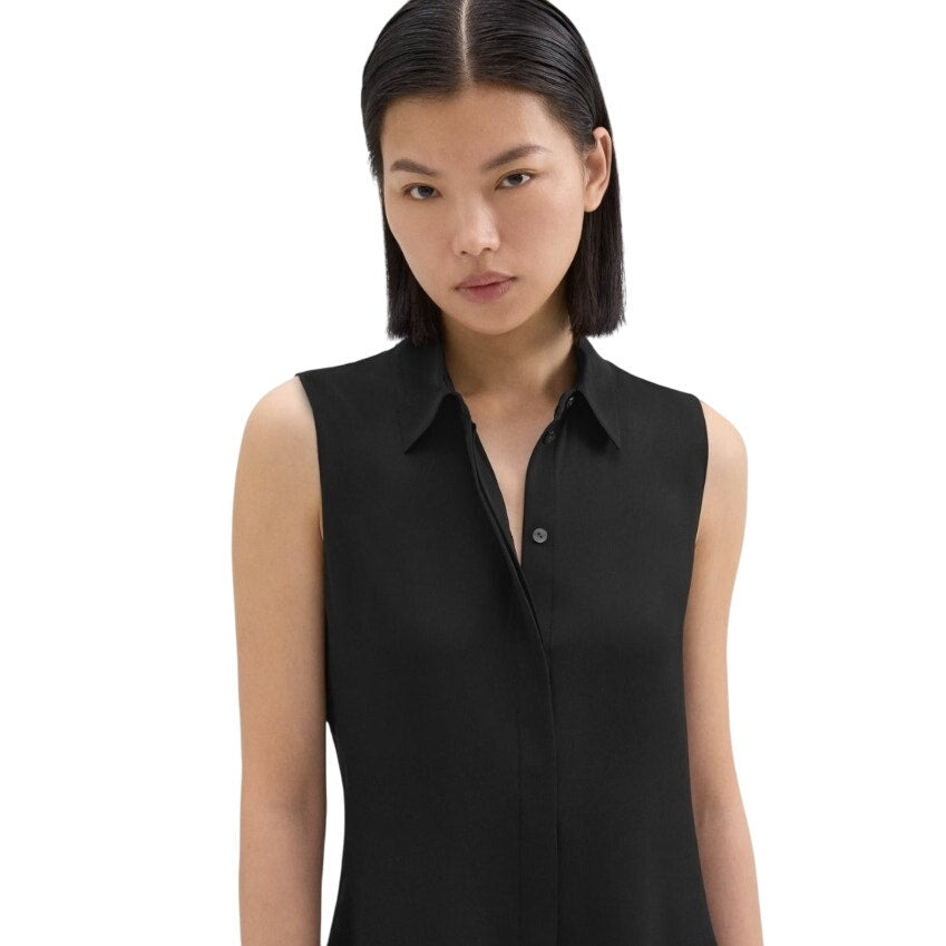 Theory Fitted Sleeveless Shirt in Pure Silk Georgette Black, Size Large