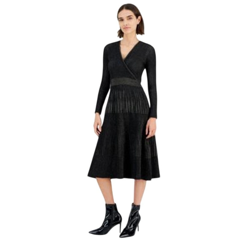 T Tahari Women's Long-Sleeve Metallic Ribbed Surplice Dress in Black Lurex