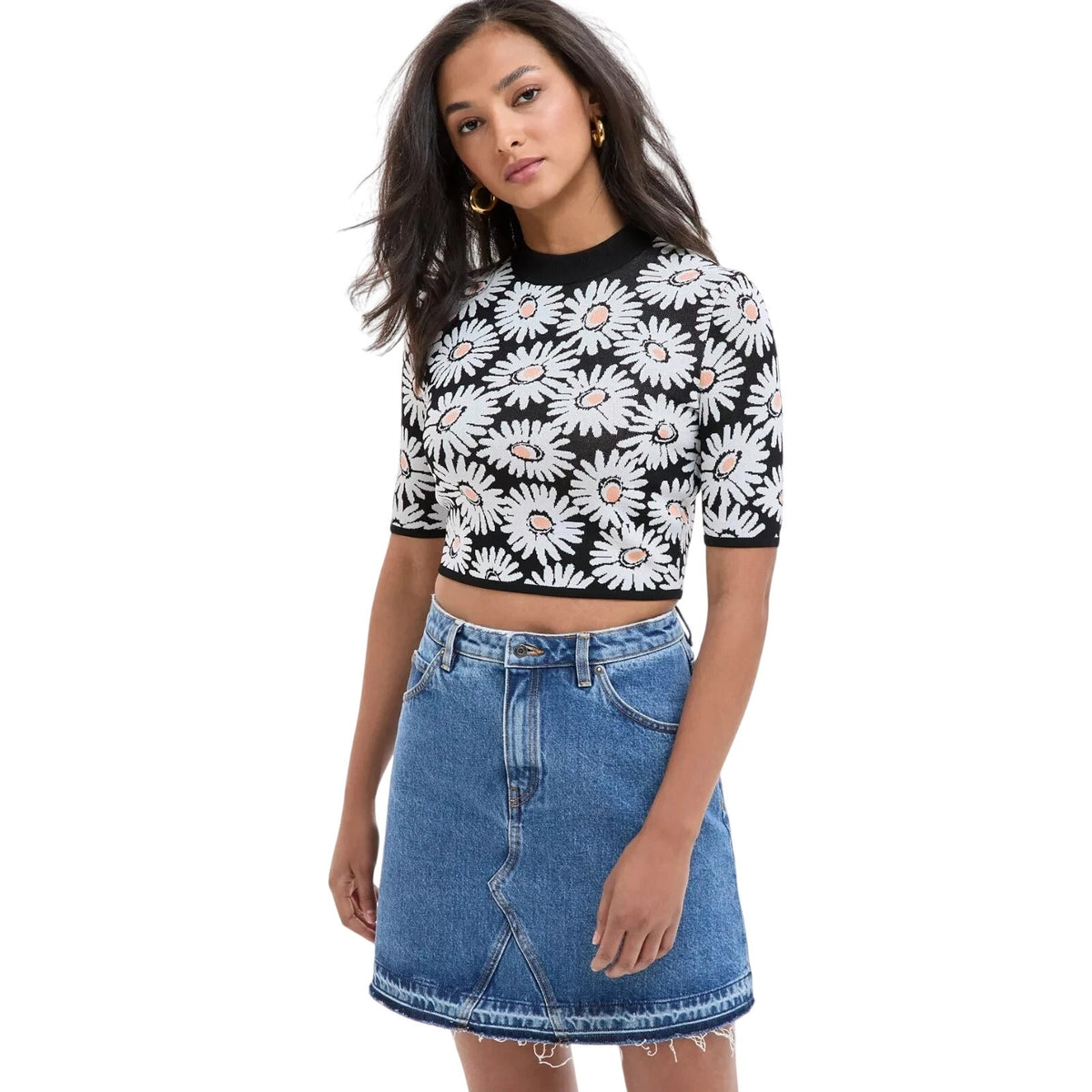 HUGO BOSS Women's Floral Mock-Neck Knit Cropped Sweater in Black White