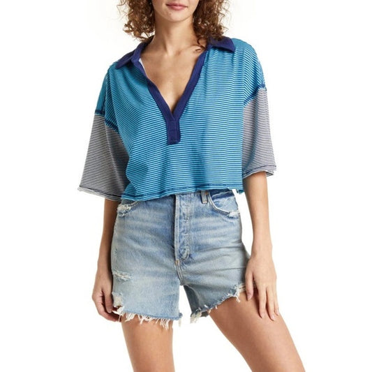 Free People Women's On A Boat Boxy Crop Top Polo In Marine Blue Combo