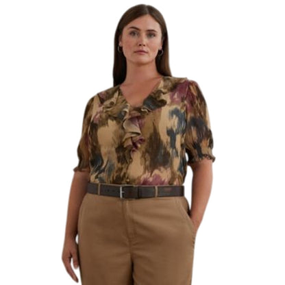 Lauren Ralph Lauren Women's Plus Printed Ruffled Blouse in Abstract Tan, Size 1X