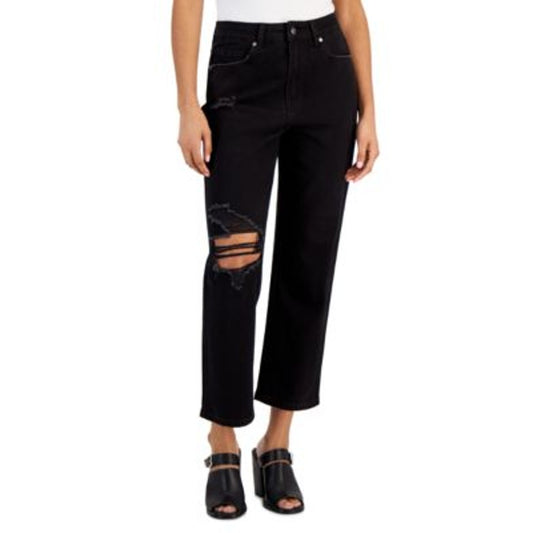 Gogo Jeans Juniors High Waisted Straight Leg Distressed Jeans in Black