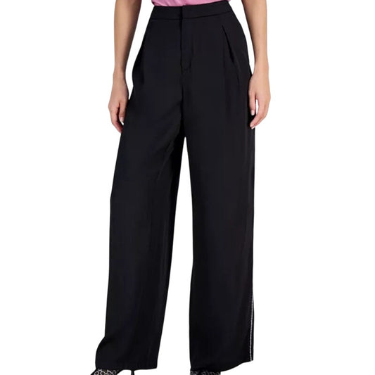 INC International Concepts Petite High-Rise Rhinestone-Trim Pants in Deep Black
