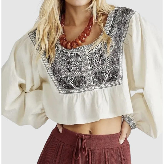 Free People Women's Iggie Embroidered Top, Ivory & Black, Size XS