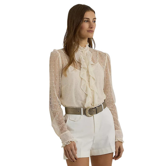 Lauren Ralph Lauren Women's Ruffled Lace Top in Winter Cream, Size 10