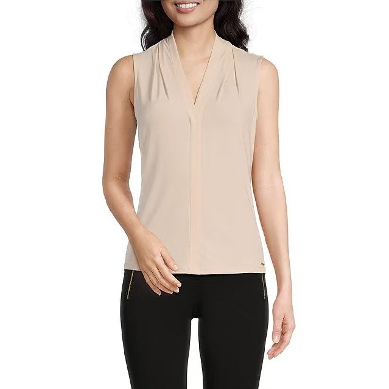 Calvin Klein Matte Jersey V-Neck Shoulder Pleat Sleeveless Top In Pink Pepper
