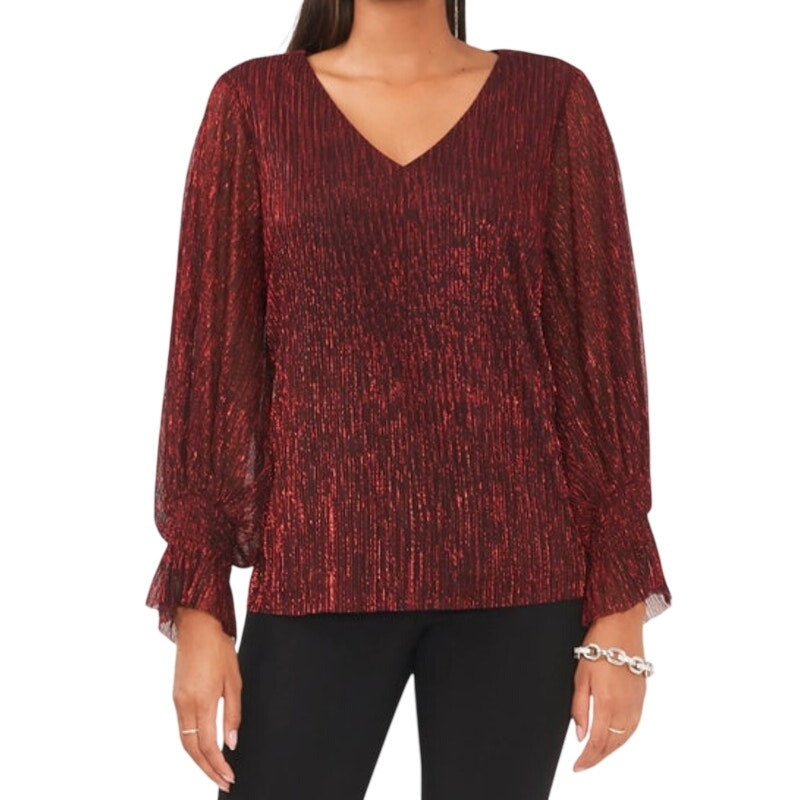Vince Camuto Women's Long-Sleeve Elastic-Cuff V-Neck Top in Metallic Red