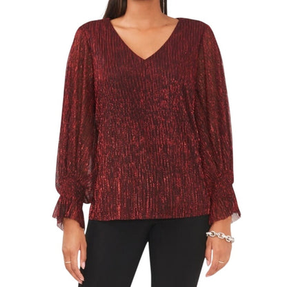 Vince Camuto Women's Long-Sleeve Elastic-Cuff V-Neck Top in Metallic Red