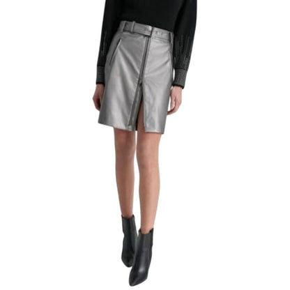 DKNY Women's Metallic Faux-Leather Skirt in Gunmetal Gray