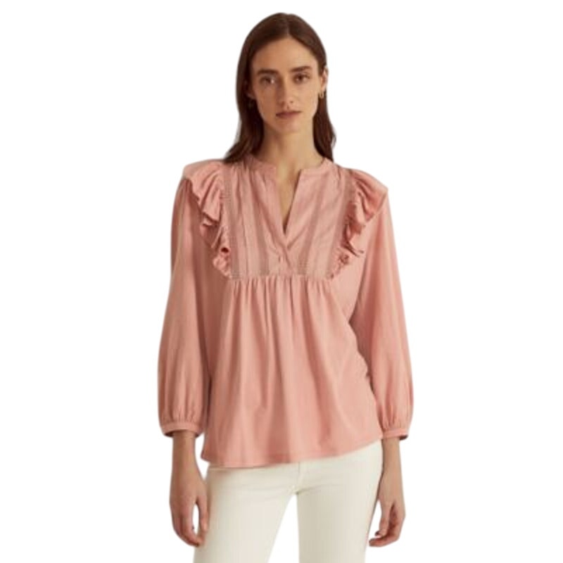 Lauren Ralph Lauren Women's Rose Tan Pink Bib Front Cotton Blend Top, Size XS