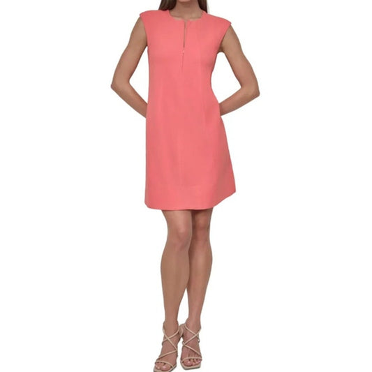 DKNY Women's Sleeveless Jewel-Neck Zip-Front Shift Dress in Coral Pink