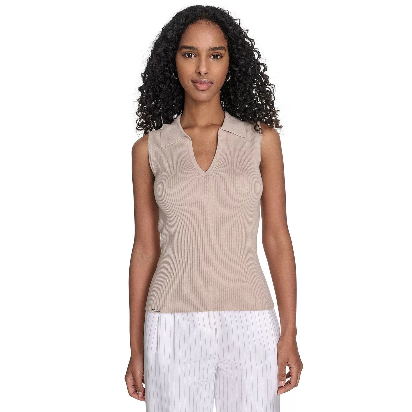 Calvin Klein Women's Sleeveless Collared V-Neck Top In Khaki