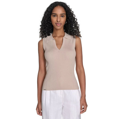 Calvin Klein Women's Sleeveless Collared V-Neck Top In Khaki