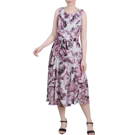 NY Collection Petite Sleeveless Chiffon Midi Dress in Sage Mauve Floral Print