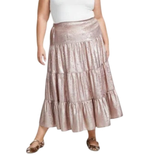 And Now This Women's Metallic Tiered Midi Skirt in Rose Gold