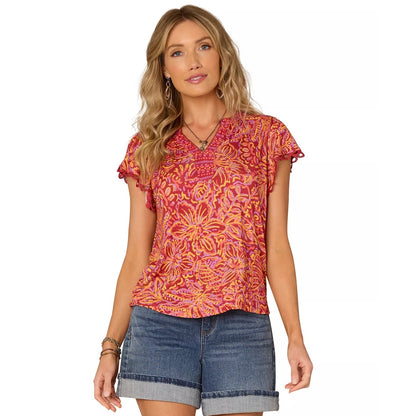Democracy Petite Flutter-Sleeve Printed Knit Top in Cashmere Red Multi