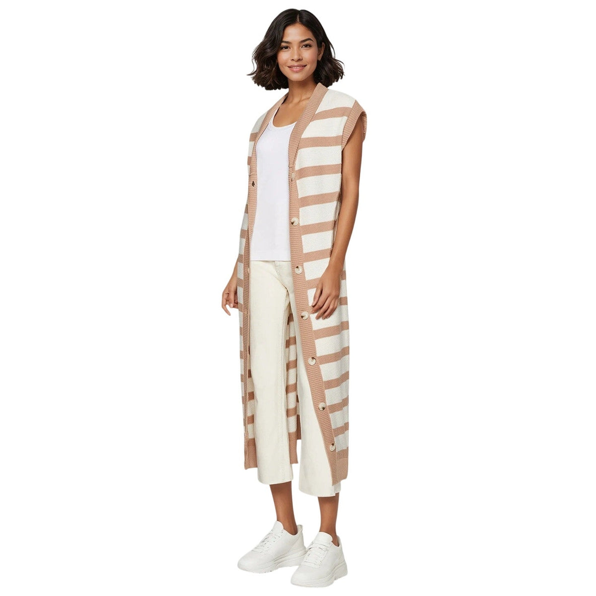 Three Dots Women's Mackenzie Duster Knit Sweater Dress in Light Beige Stripe