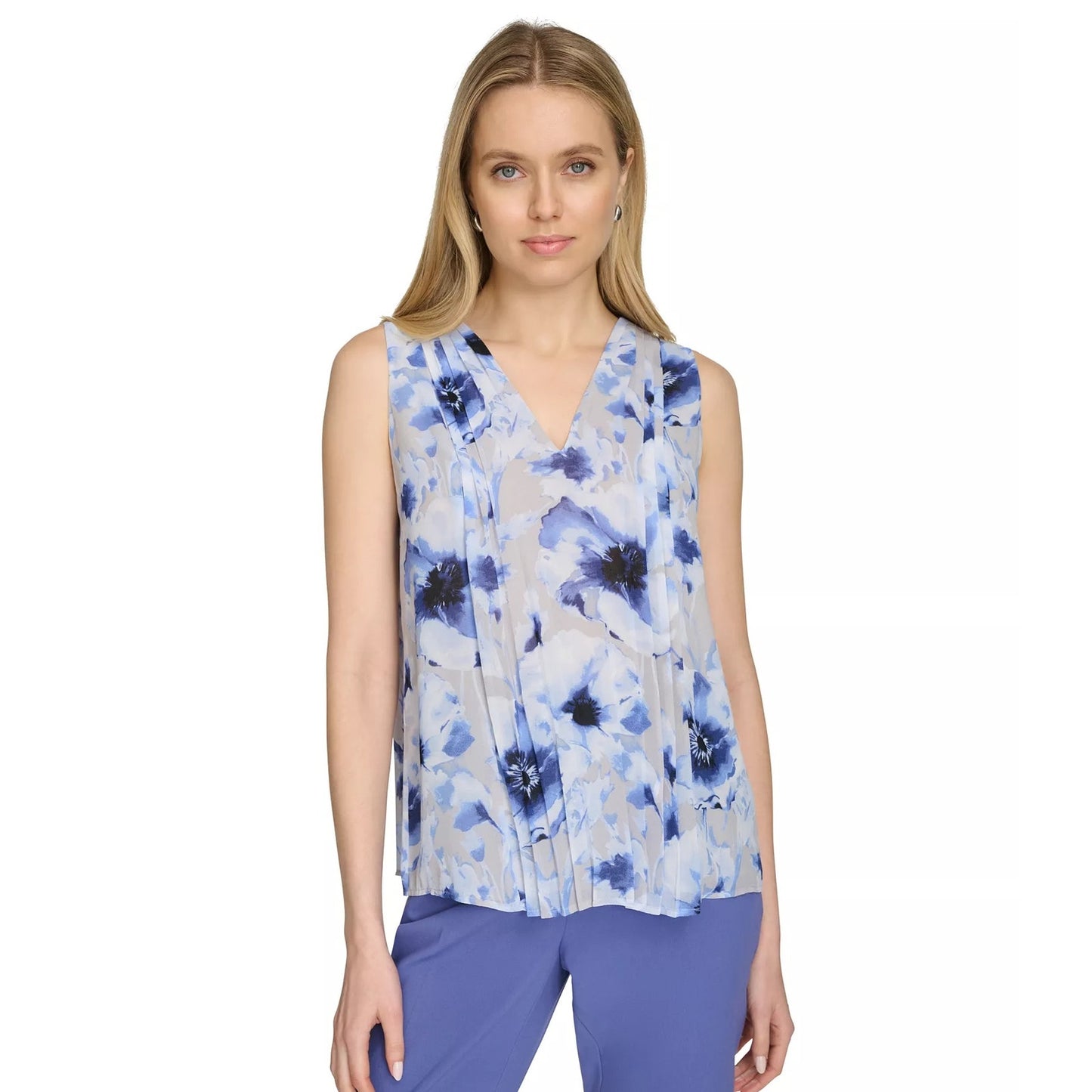 Calvin Klein Women's Printed Sleeveless Pleated Top in Spring Blue Multi
