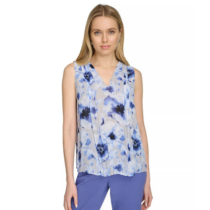 Calvin Klein Women's Printed Sleeveless Pleated Top in Spring Blue Multi