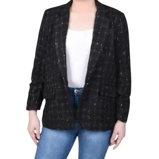 NY Collection Women's Petite Long Sleeve Jacket in Black Gold Metallic