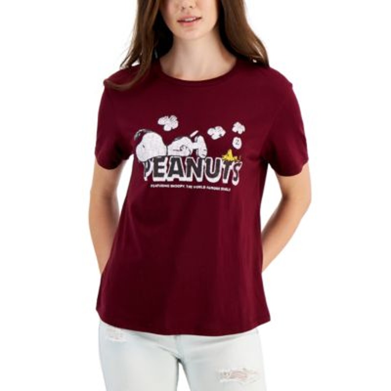 Love Tribe Juniors Peanuts Holiday Snoopy Logo T-Shirt in Zinfandel Wine Red