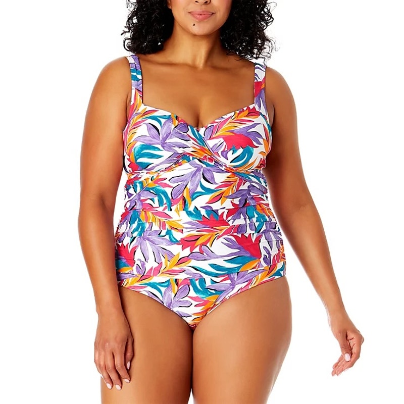 Anne Cole Plus Size Printed Shirred One-Piece Swimsuit In Multi Palm Print