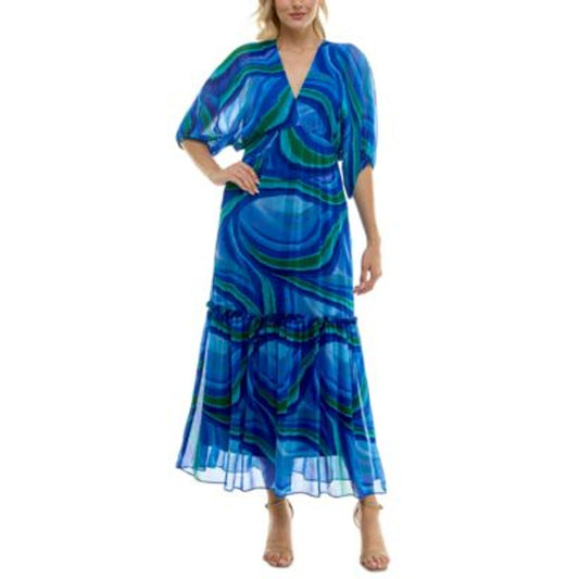 Taylor Women's Printed Fit & Flare Midi Dress in Blue Swirl Print